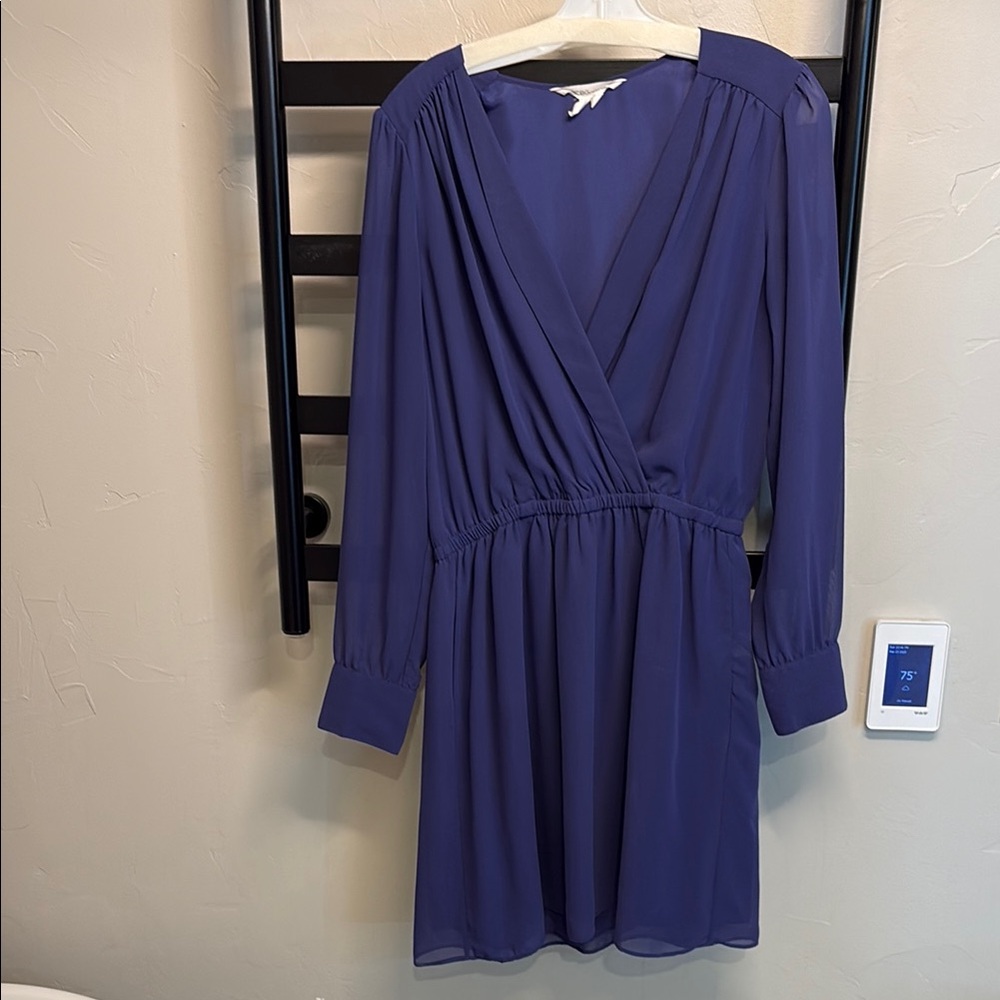 BCBGeneration Blue Wrap Dress with Bishop Sleeves and V-Neck
